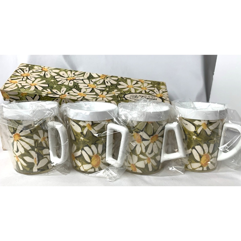 Thermo-Serv Daisies Insulated Mugs in Original Box Set of 4 10 oz. New Old Stock